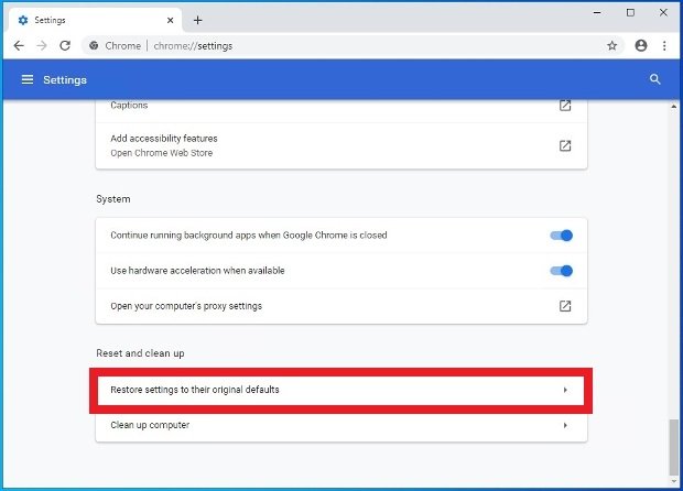 Option to reset Chrome’s settings