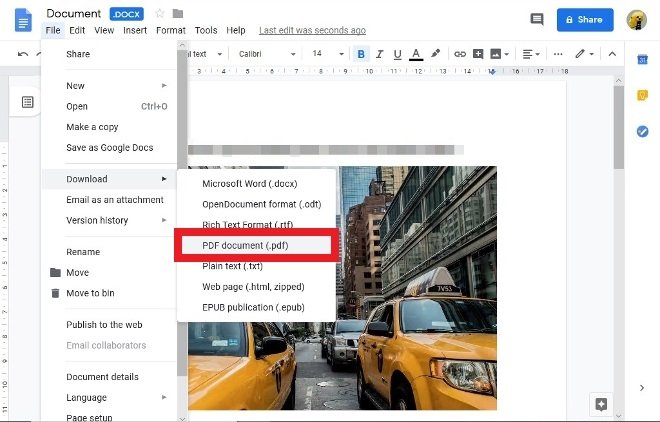 Opção para salvar o PDF no Google Docs