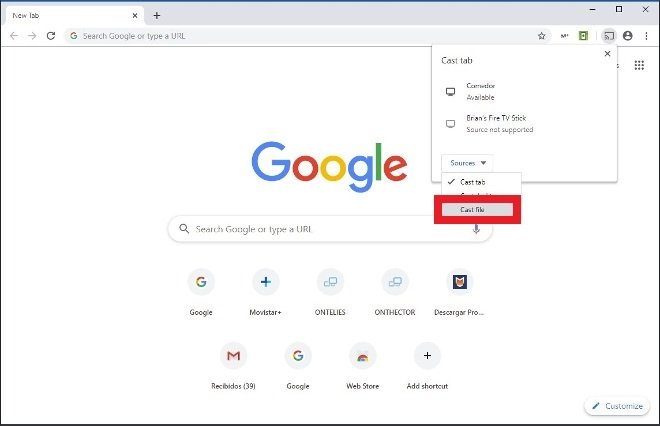 Option pour envoyer un fichier multimédia à Chromecast depuis Chrome