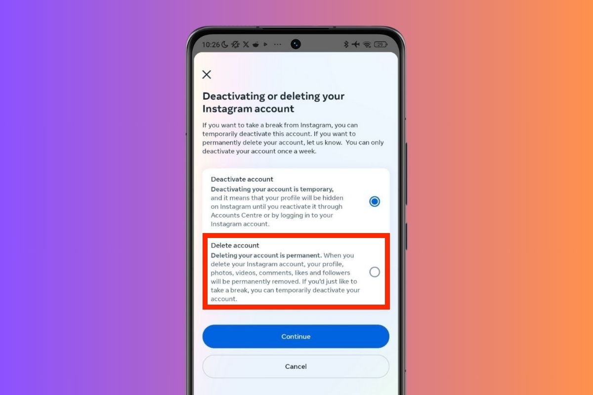 Possibilité de choisir de supprimer définitivement votre compte de l'application Instagram