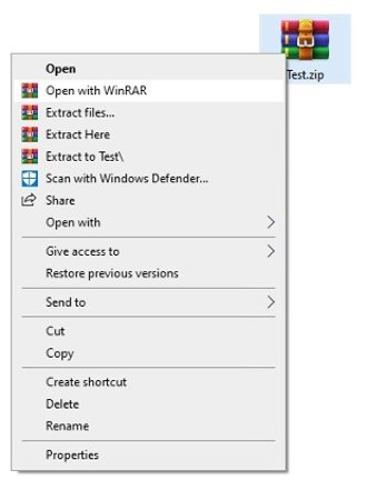 Opções do menu de contexto do WinRAR