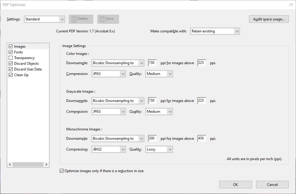 Options de réduction manuelle de taille du fichier PDF