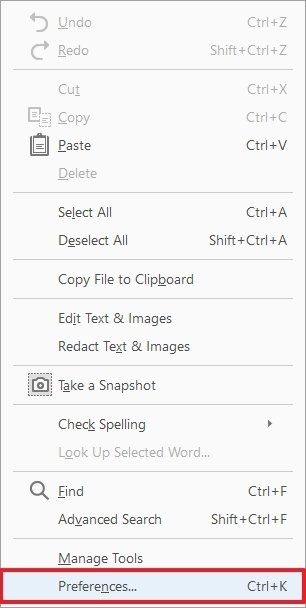 Options in Adobe Acrobat Reader’s Edit menu