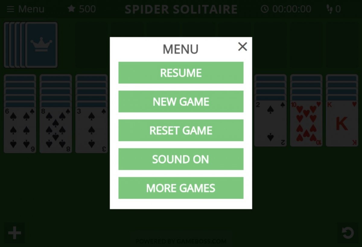 Menú de opciones de Solitario Spider Online