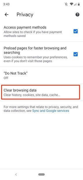 Options to clear browsing data