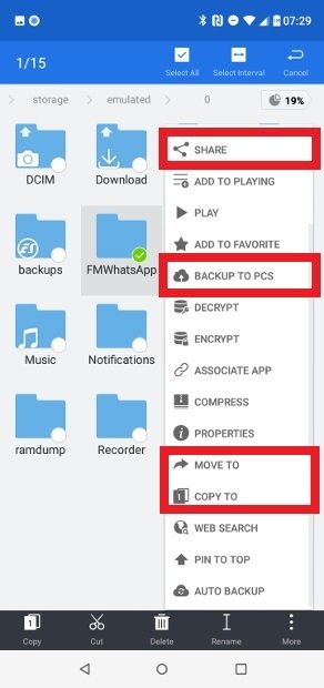 Options to share and copy the backup folder