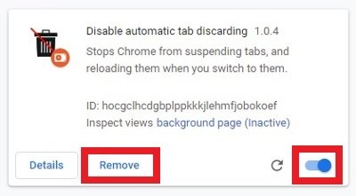 Opzioni per disinstallare o disattivare estensioni installate in Chrome