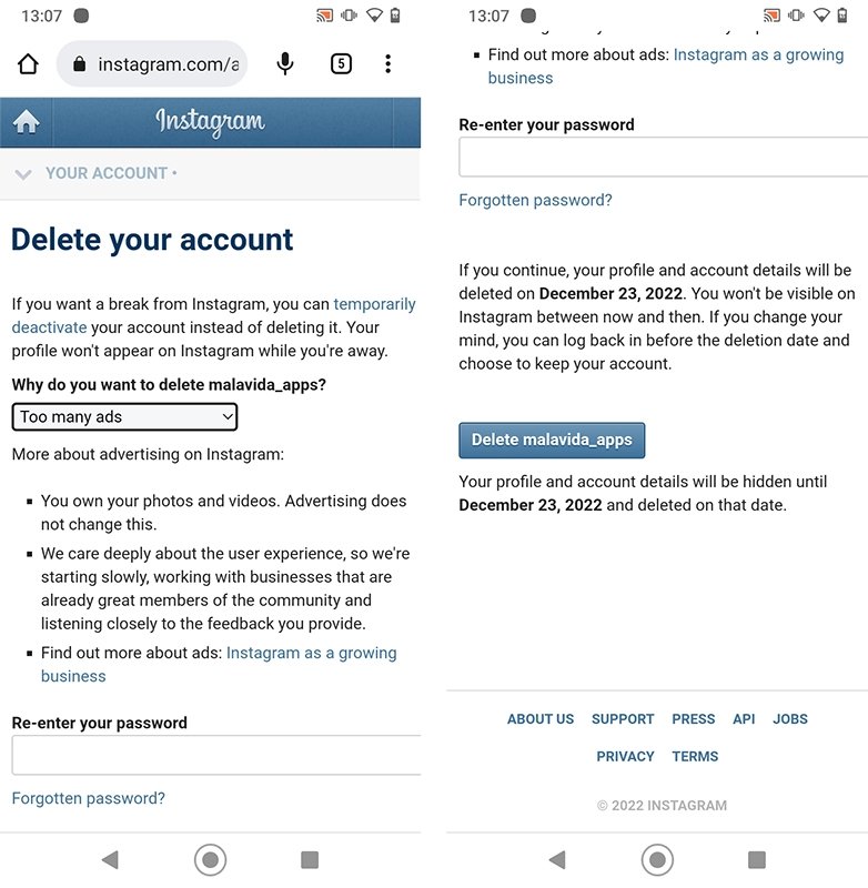Page to delete an Instagram account