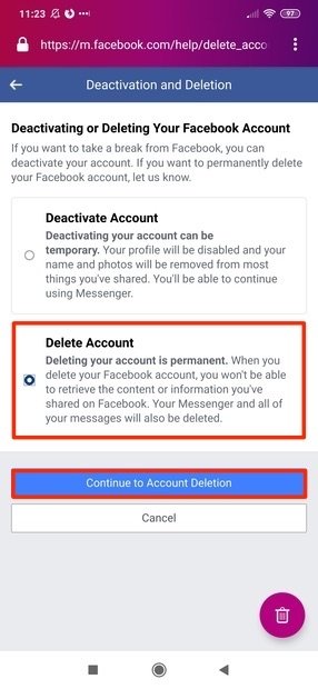 Page de suppression de Facebook