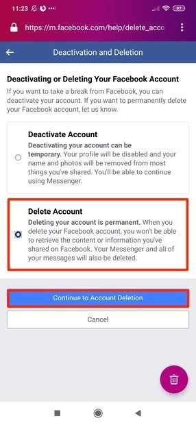 Pagina di cancellazione di Facebook