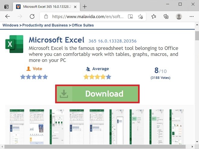 Page to download Excel from Malavida