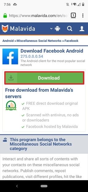 Pagina di download di Facebook