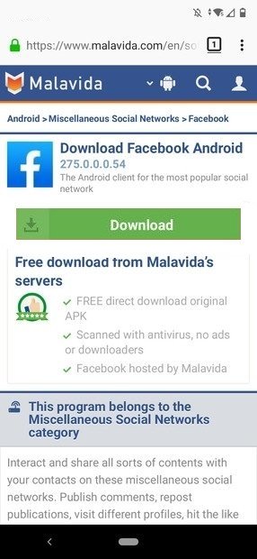 Pagina di download di Facebook