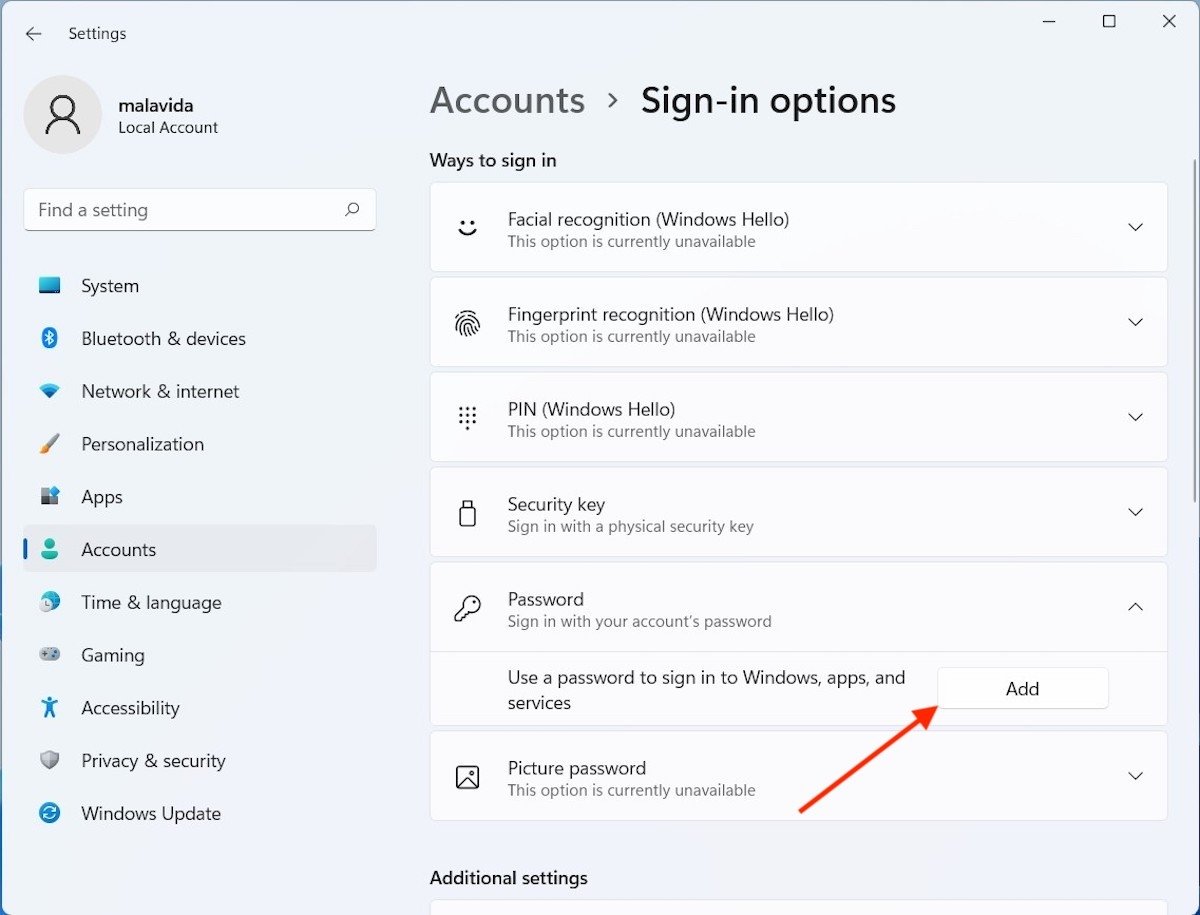 Password disattivata su Windows 11