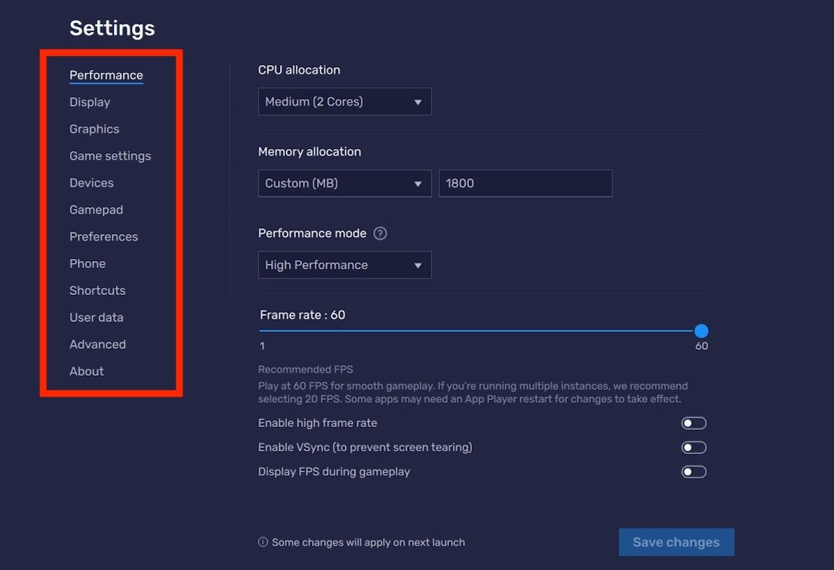 Performance section and the rest of settings sections