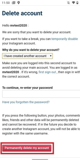 Borrar definitivamente la cuenta de Instagram