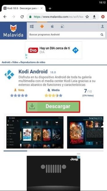 Página de acceso a la descarga de Kodi
