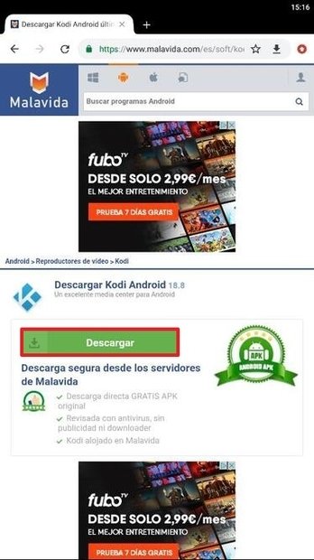 Página de descarga de Kodi