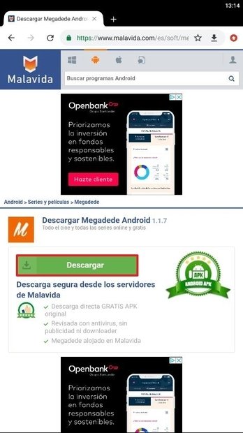 Página de descarga de Megadede