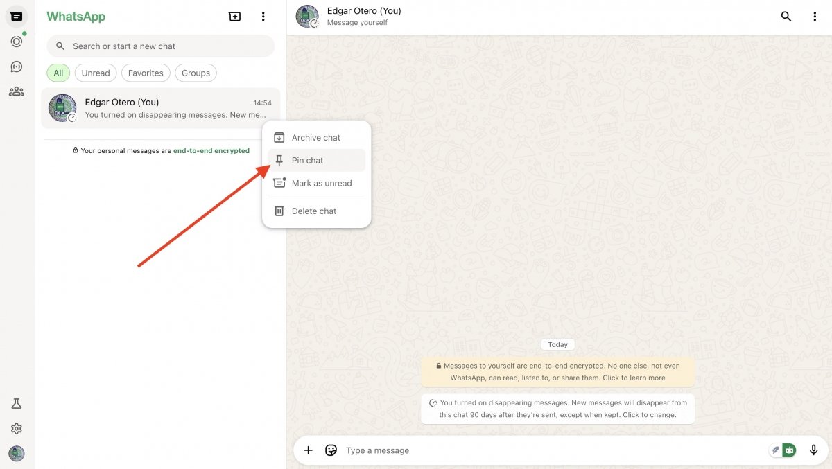 Pinning a chat in WhatsApp Web
