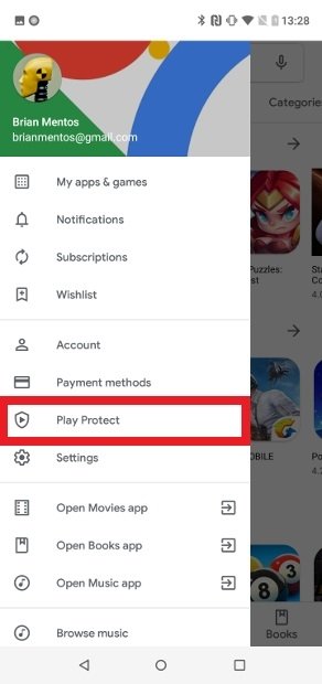 Entrada de Play Protect nas opções do Google Play