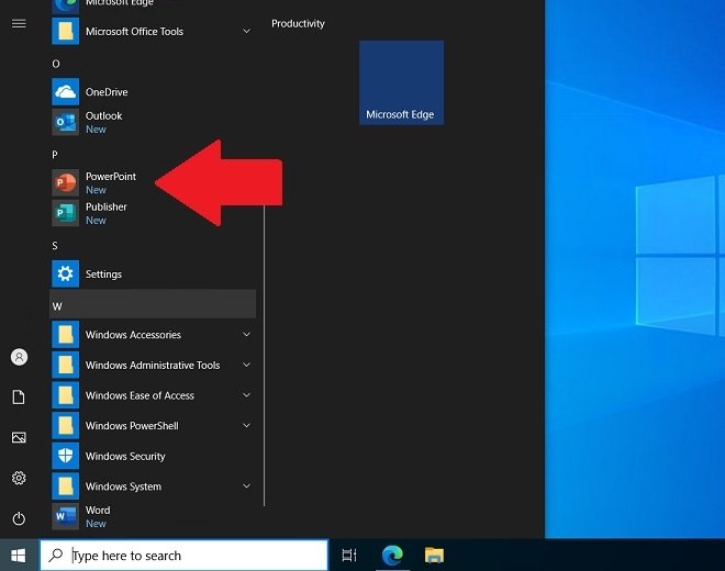 PowerPoint en el menú de inicio
