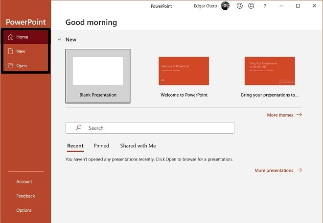 PowerPoint’s main options