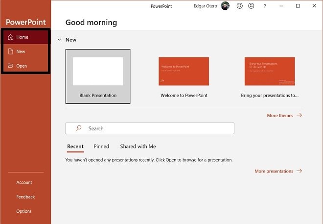 Opciones principales de PowerPoint