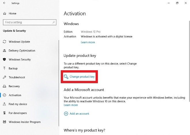 Clique em Change Product Key