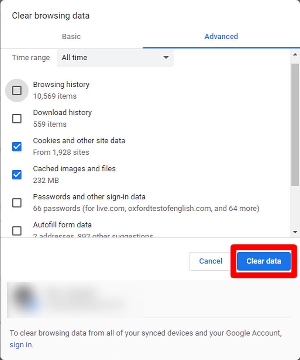 Press Clear data to clear the cache and cookies