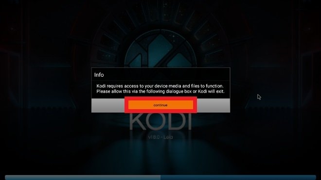 Press Continue to grant Kodi permissions