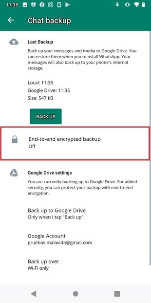 Press End to end encrypted backup