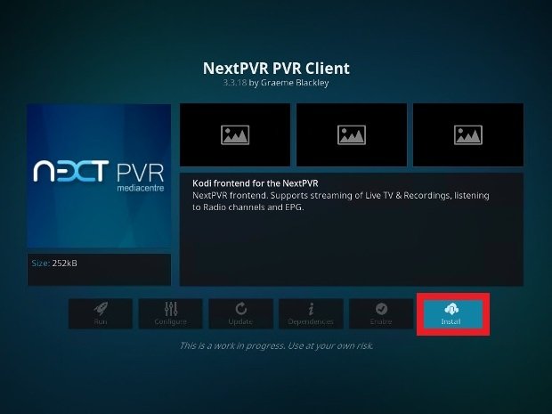 Clique Install para adicionar o add-on PVR