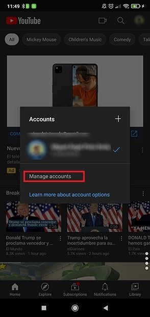 Press Manage accounts