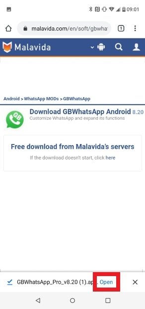 Appuyer Open pour lancer l'installation du fichier APK