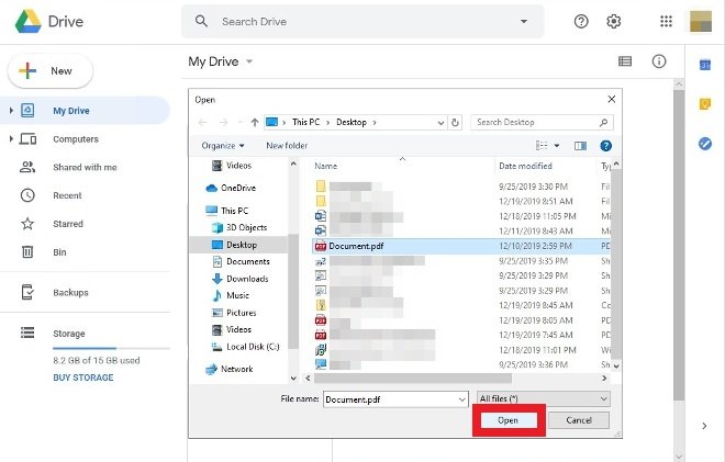 Pulsa Open para cargar el PDF en Drive