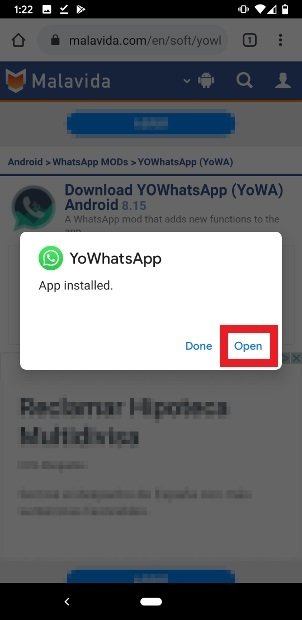 Pulsa Open para abrir YOWhatsApp recién instalado