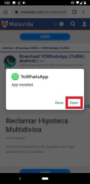 Нажмите Open, чтобы открыть недавно установленный YOWhatsApp