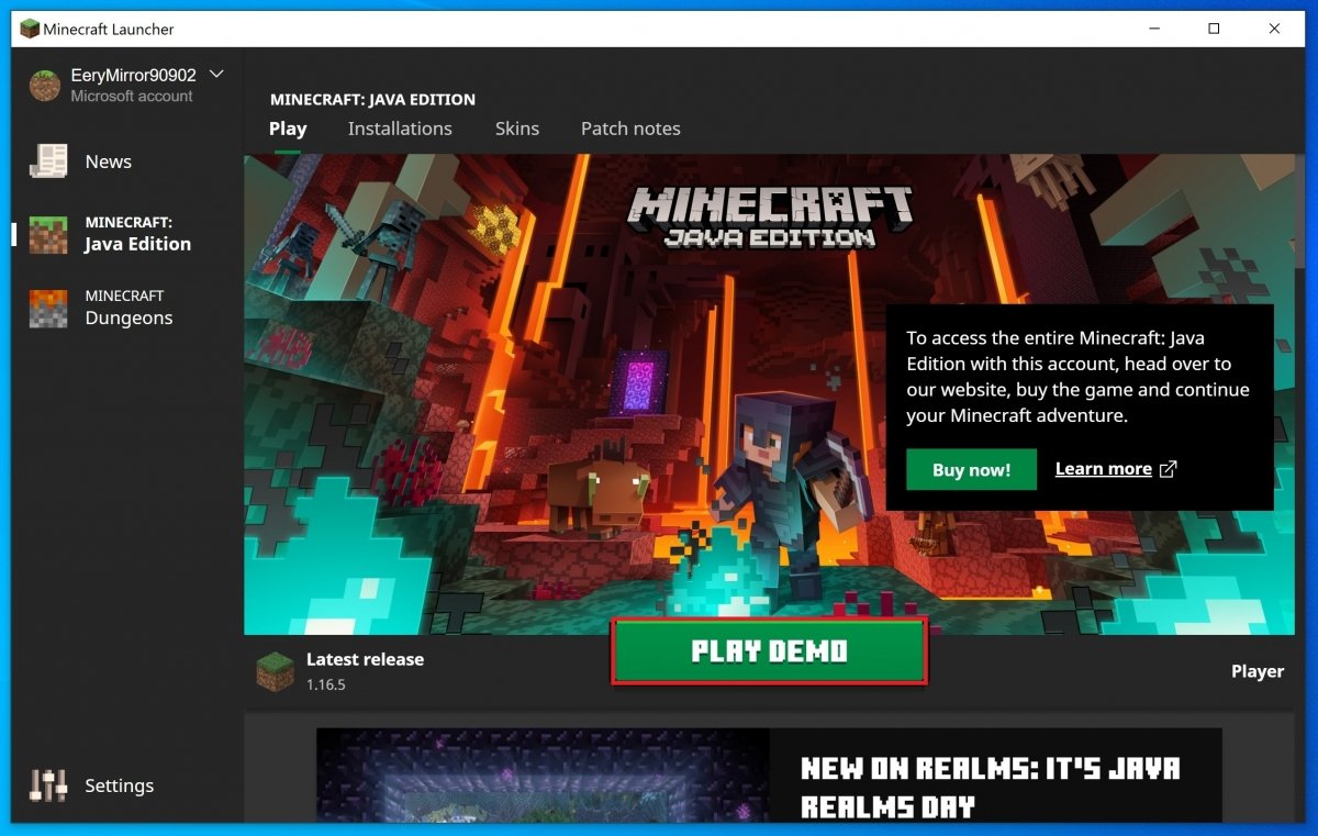 Pulsa Play Now para lanzar la demo de Minecraft