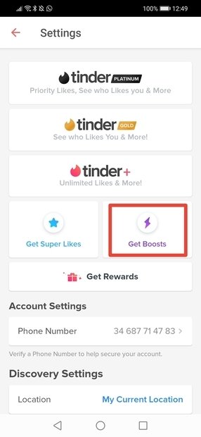 Pulsa sobre el botón Get Boost para conseguir Boosters en Tinder