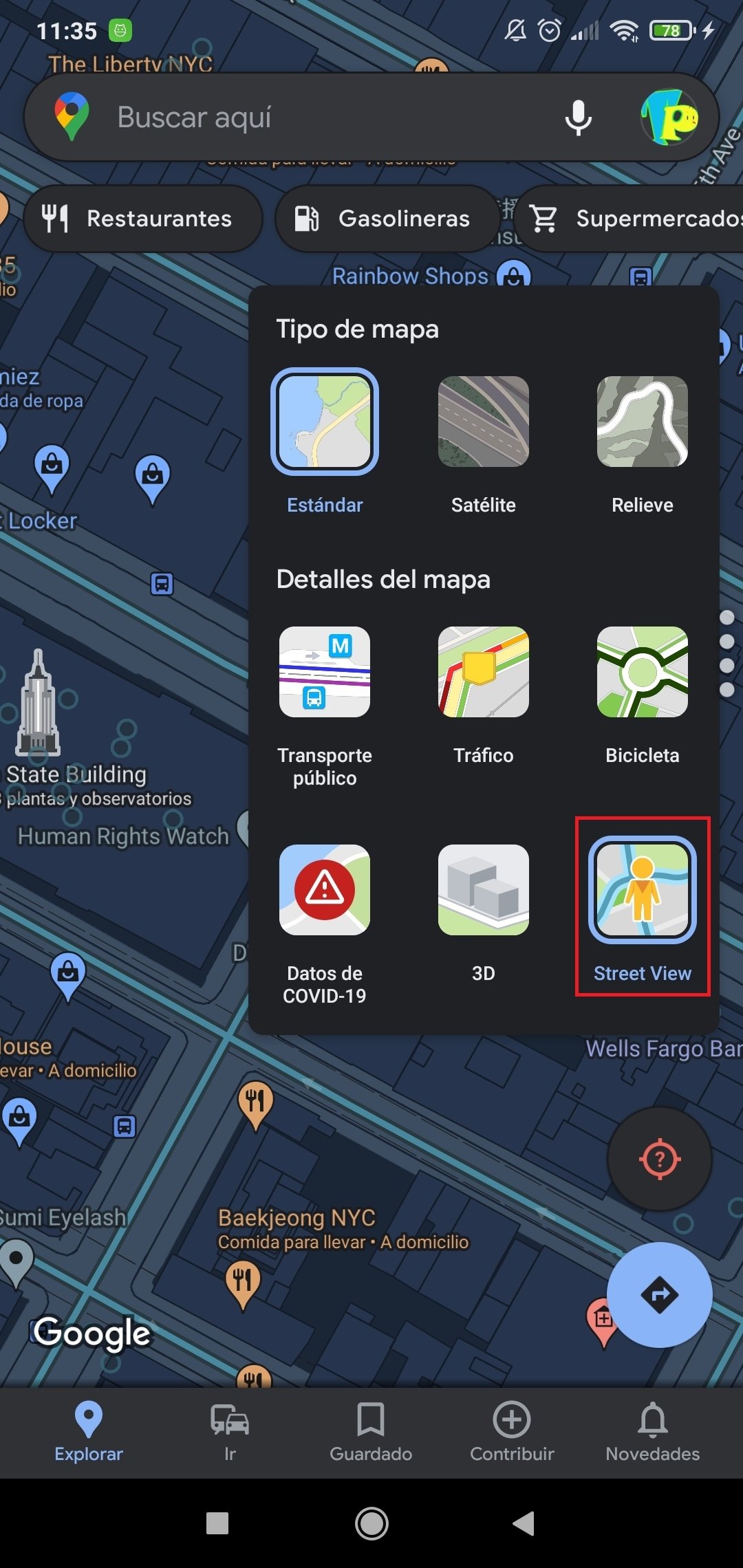 Pulsamos en la opción Street View