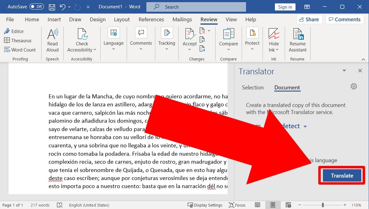 Press Translate for Word to translate the text