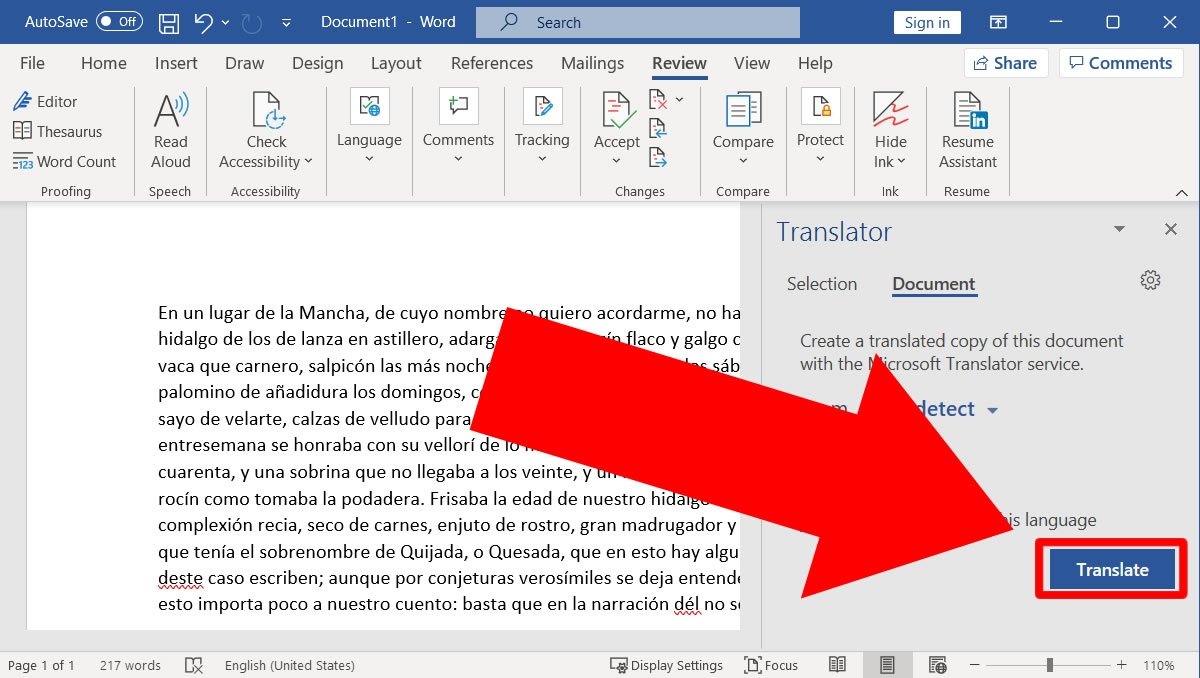 Premi Translate affinché Word realizzi la traduzione