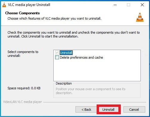 Pulsa sobre Uninstall para borrar VLC de tu PC