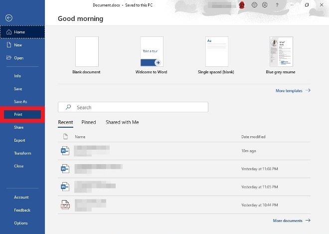 Opción de Imprimir en Microsoft Word