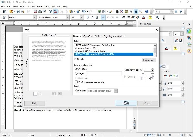 change quick print settings outlook