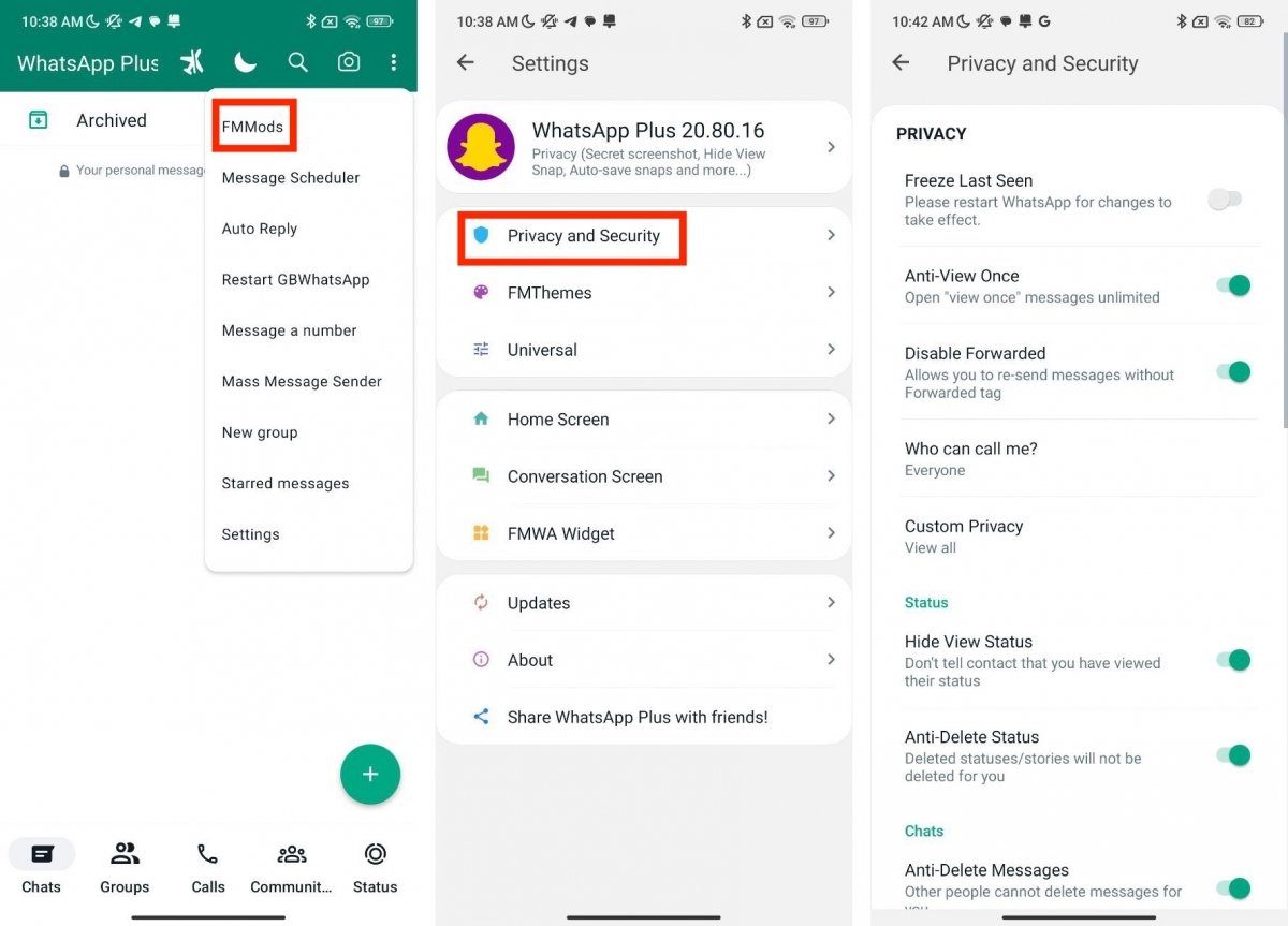 Privacy and security options in WhatsApp Plus