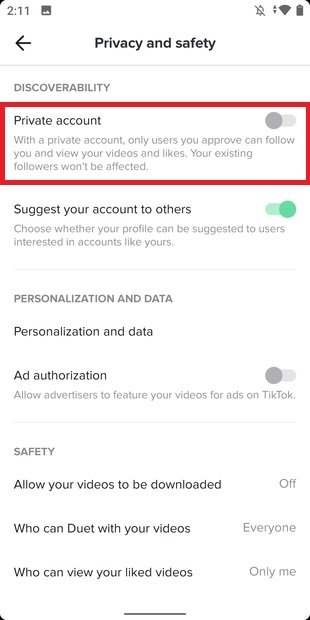 Compte privé dans TikTok