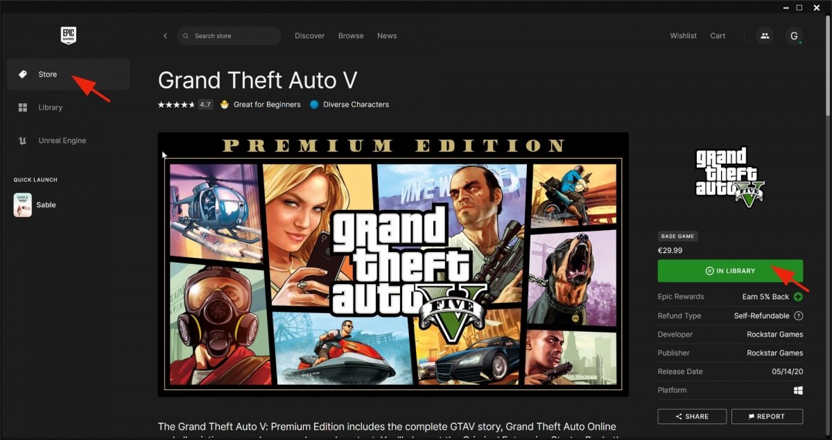 Acheter GTA V auprès d'Epic Games