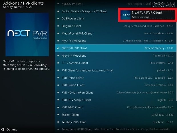 PVR client installed on Kodi